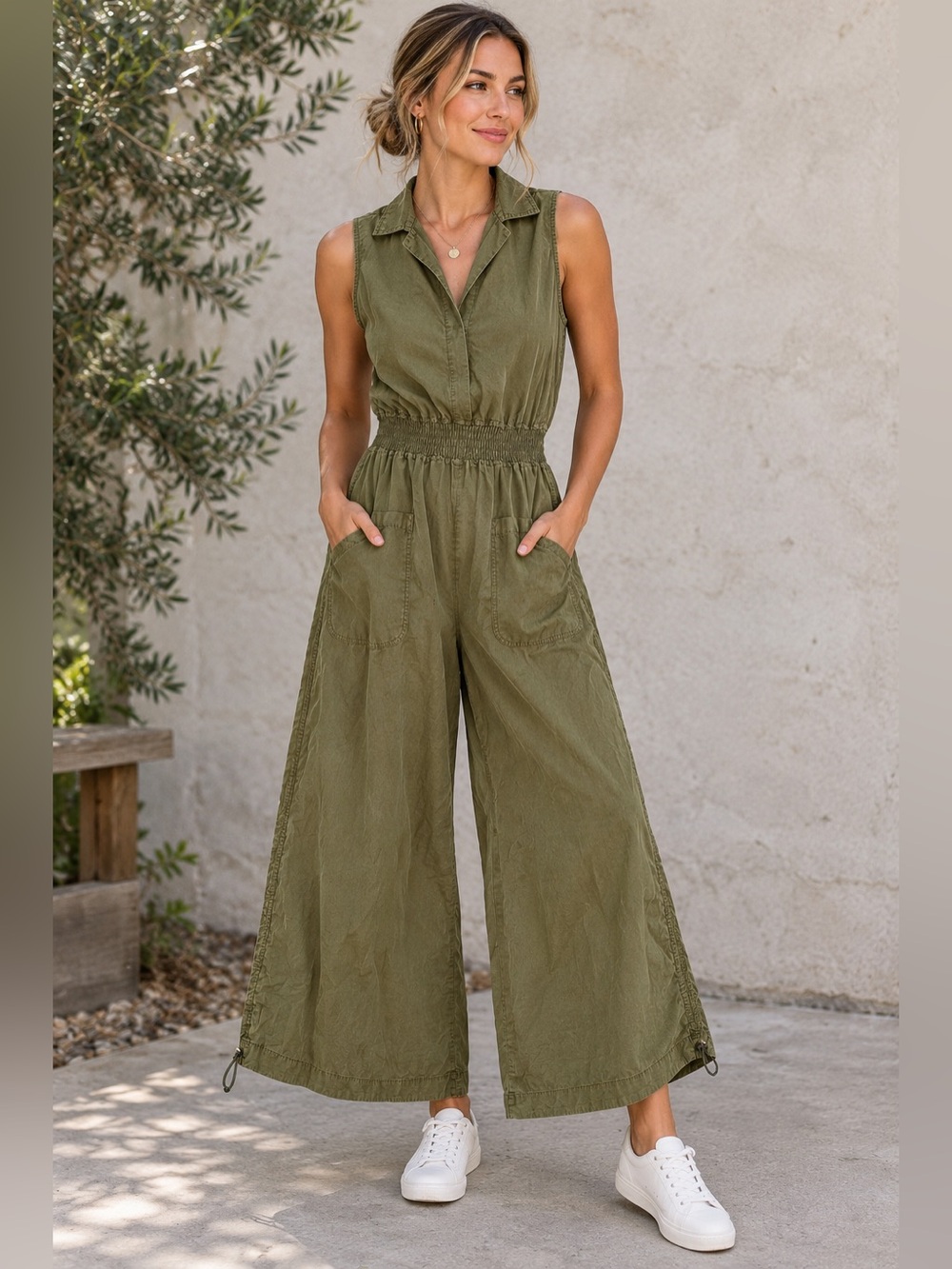Anthropologie Women’s Sz Medium Shirting Parachute Jumpsuit Green Moss Wide-Leg